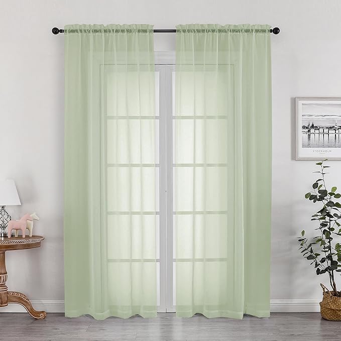 OWENIE Sheer Curtains 72 Inches Long 2 Panels Set, Light Filtering Sheer Curtain Rod Pocket Clear Drapes for Living Room Bedroom Window Sliding Door, Each 42 x 72 Inch, Light Green