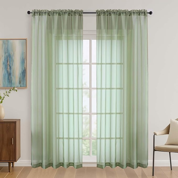OVZME Sage Green Sheer Curtains 84 Inches Long 2 Panels Set, Light Filtering Sheer Curtains for Living Room Bedroom 59 Inch Extra Wide, Modern Voile Filmy Rod Pocket Window Drapes, 59Wx84L Inches