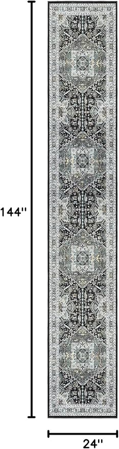 Madane Runner Rugs 2x12 Extra Long, Washable Non-Slip Hallway Runner Rug Low-Pile Carpet Runner for Kitchen Entrance Living Dining Laundry Room, Grey Green/Black Olive