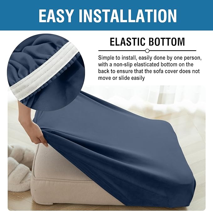 Couch Cover 6-Piece Elastic Velvet Couch Cushion Covers & Chaise Slipcovers for L-Shaped Sofas, Sofa Seat Covers Washable, Soft Cover for Couches (5 Seater + Chaise, Berlin Blue)