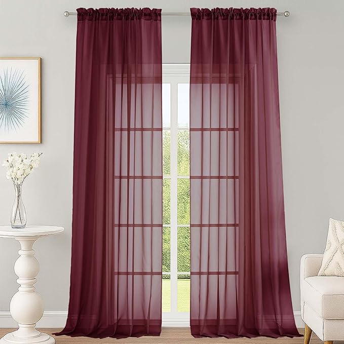 OWENIE Sheer Curtains 2 Panels Set for Bedroom Living Room, Soft Solid Rod Pocket Light Filtering Window Treatment, 2Pcs Each 59" W x 108" L, Burgundy Wine