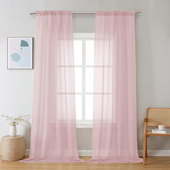 Chyhomenyc Blush Pink Sheer Curtains 108 Inches Long - Light Filtering Voile Extra Long Panel Drapes for Floor to Ceiling Window, Elegant Soft Living Room Curtains, Each 42Wx108L Inch, 9FT, 2 Panels