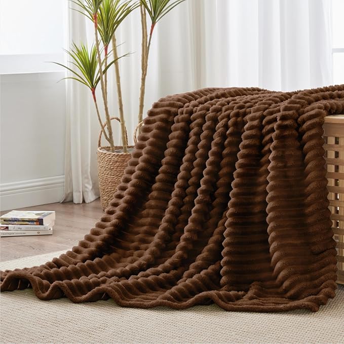 BEDELITE Twin Blanket for Couch & Bed, 300GSM Soft & Warm Fleece Blanket, Decorative and Giftable Striped Chotolate Brown Blankets for Women, Men, 60"x80"