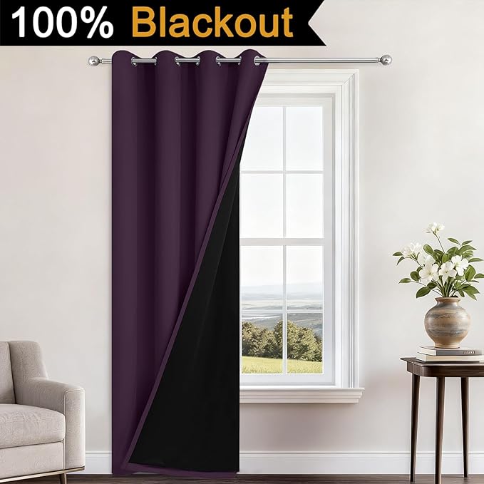 Yakamok 100% Blackout Curtains 84 Inches Long, 2 Thick Layers Heat and Full Light Blocking Soft Thermal Insulated Drapes for Bedroom(52" Wide Each Panel, Purple, 1 Panel)