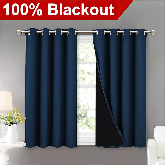 NICETOWN 100% Blackout Curtains with Black Liners, Thermal Insulated Full Blackout 2-Layer Lined Curtains, Energy Efficiency Window Draperies for Dining Room (Moroccan Blue, 2 Panels, 52" W by 45" L)