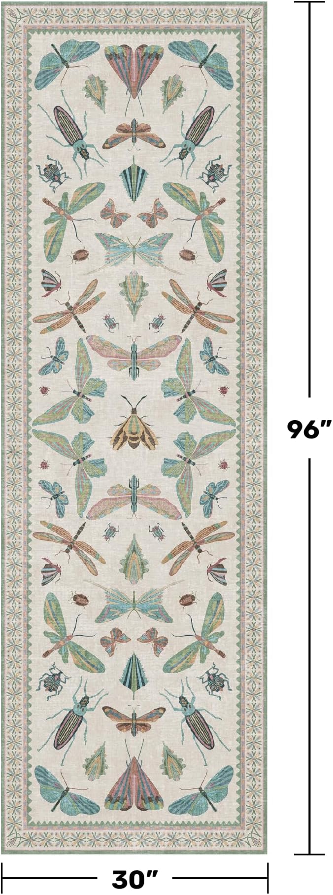 Insect Print 8ft Long Hallway Runner Rug - 2'6''x8' Light Green Rug for Kitchen Floor, Wide Entryway Runner Rug, Washable Non Slip with Rubber Backing, Cool Butterfly Indoor Decor