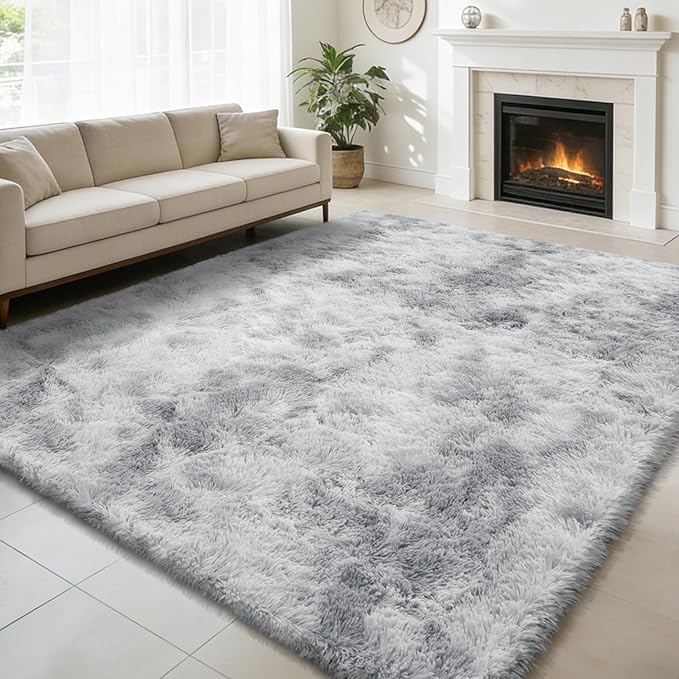 8x10 Fluffy Area Rugs for Living Room,Shag Area Rug for Bedroom,Soft Fuzzy Rug Non-Shedding Indoor Plush Carpet for Kids Bedroom Nursery Home Decor,Tie-Dyed Grey