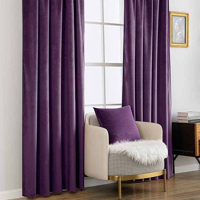 MIULEE Purple Velvet Curtains 96 inches - Luxury Blackout Curtains for Bedroom Living Room Thermal Insulated Super Soft Window Drapes Rod Pocket & Back Tab, W52 x L96 inches, 2 Panels