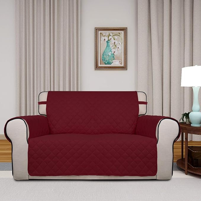 PureFit Reversible Quilted Sofa Cover, Water Resistant Slipcover Furniture Protector, Washable Couch Cover with Non Slip and Elastic Straps for Kids, Pets (Loveseat, Red/Ivory)
