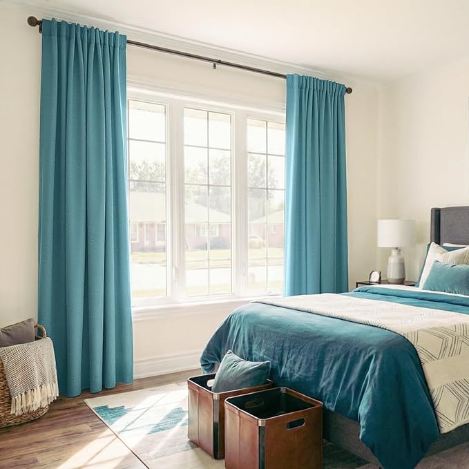 100% Blackout Shield Linen Blackout Curtains for Bedroom 84 Inches Long, Back Tab/Rod Pocket Living Room Drapes, Thermal Insulated Blackout Curtains 2 Panels Set, 50" W x 84" L, Dark Cyan