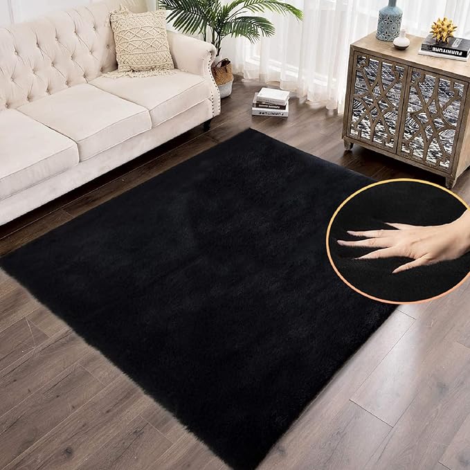 ORINOVA Black Fluffy Rug 5x8 Area Rugs for Bedroom Fuzzy Bunny Washable Fur Rugs for Living Room Teen Room Nursery Rectangle Rug
