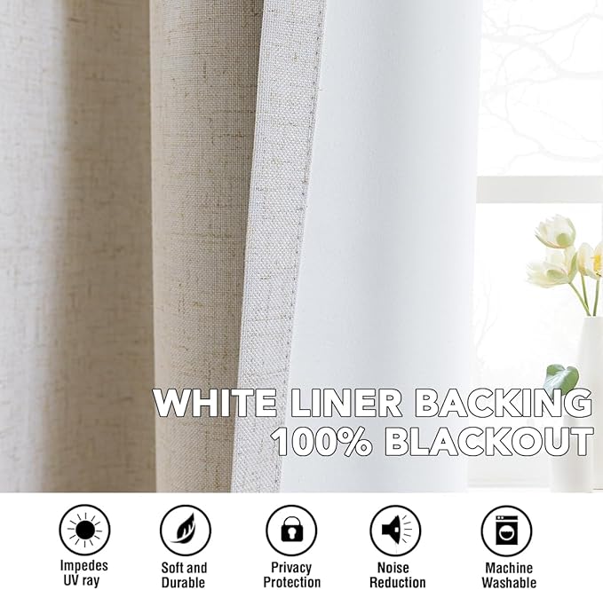 H.VERSAILTEX Linen Curtains 100% Blackout Curtains for Bedroom 84 inch Long Full Light Blocking Nature Linen Blended Window Curtains for Living Room Nickel Grommet (2 Panels, Heathered Natural)