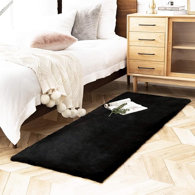 Ashler Faux Fur Rug, Ultra Soft Faux Rabbit Fur, Black Area Rugs, 2.2 x 6 Feet Rectangle, Machine Washable Nursery Decor Throw Rugs for Bedroom, Kids Room, Living Room