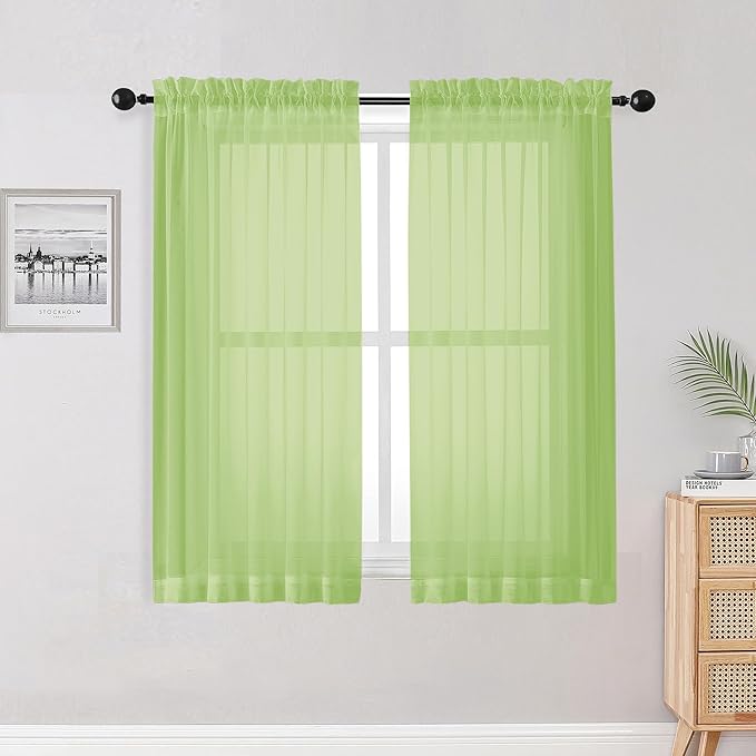 OWENIE Lime Sheer Curtains for Bedroom Living Room 54 Inch Length 2 Panels Set, Soft Solid Light Filtering Sheer Short Curtains for Small Window, 2 Pcs Total 84 Width 54 Long, Lime