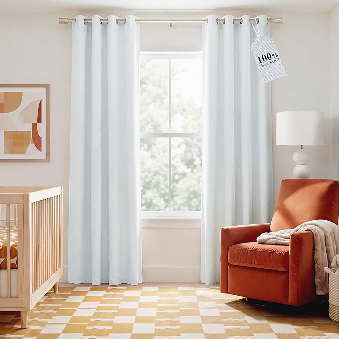NICETOWN Farmhouse 100% Blackout Linen Curtains for Bedroom, Off White, W52, 2 Pieces, Noise Reducing Textured Linen Look 95 inch Length Curtains for Living Room