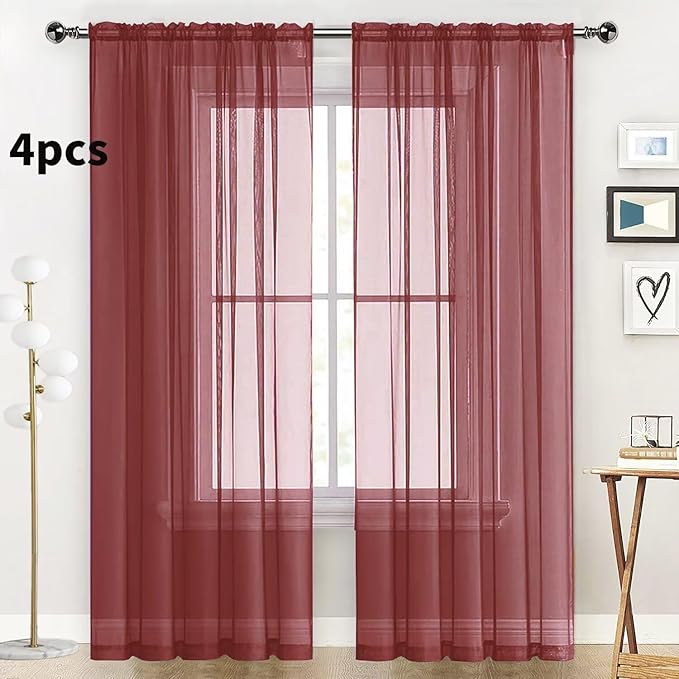 SpaceDresser Burgundy Sheer Curtains 4 Panels Rod Pocket Semi-Sheer Curtain 96 Inches Long Light Filtering Voile Window Drapes for Bedroom Living Room Kitchen, Each 52W x 96L