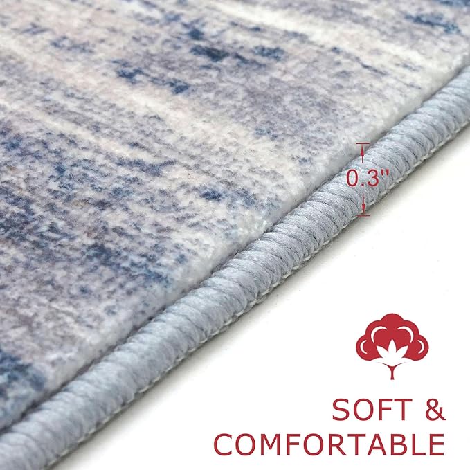 KOZYFLY Modern Abstract Circle Rug 3Ft, Washable Kitchen Round Rug Non-Slip Soft Small Bathroom Rug, Grey-Blue Striped Entryway Rugs Faux Wool Doormat for Bedside Entrance Bedroom Sink