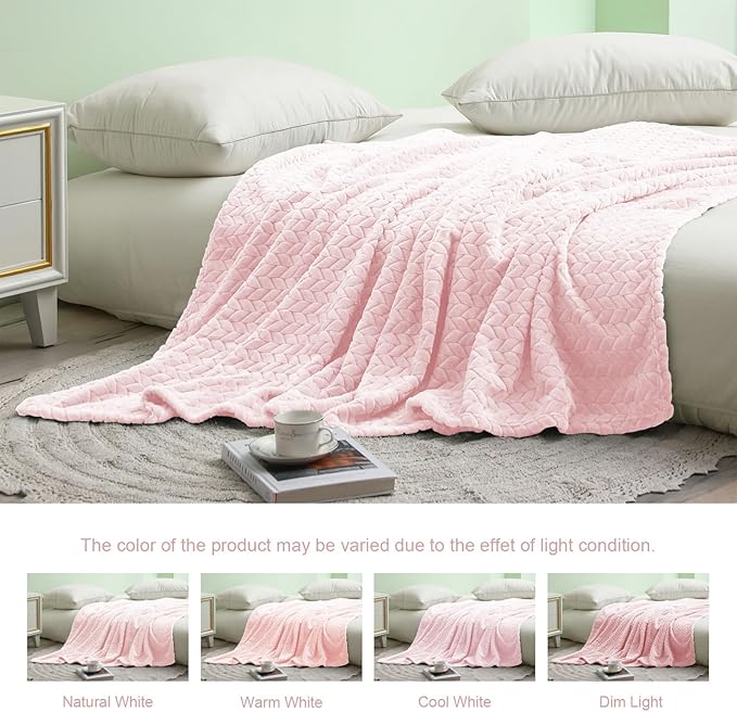 Exclusivo Mezcla Fleece Throw Blanket for Couch and Bed, 50x70 Inches Soft Cozy Jacquard Flannel Blankets, Lightweight Fuzzy Plush Warm Throws for Women, Light Pink