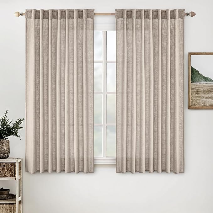 MIULEE Natural Linen Curtains 45 Inch Length 2 Panels for Bedroom Living Room, Soft Linen Textured Window Drapes Semi Sheer Light Filtering Back Tab Rod Pocket Farmhouse Modern Burlap Look Decor