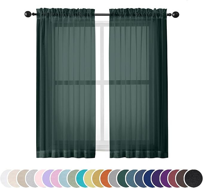 OWENIE Green Sheer Curtains 54 Inch Length 2 Panels Set for Christmas, Clear Sheer Short Curtains for Small Window, 2 Pcs Total 84 Width 54 Long, Green