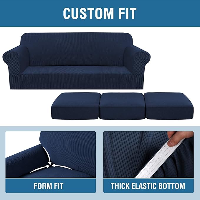 H.VERSAILTEX 4 Piece Stretch Sofa Covers for 3 Cushion Couch Covers for Living Room Furniture Slipcovers (Base Cover Plus 3 Seat Cushion Covers) Thicker Jacquard Fabric (Large Sofa, Navy)