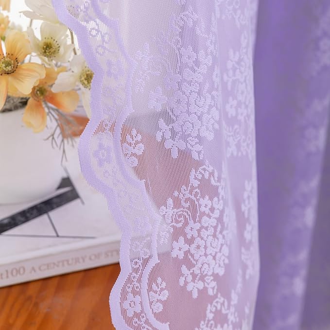 YJ YANJUN Vintage Lace Curtains 72 Inches Long-Victorian Floral Pattern Lavender Sheer Curtain Panels for Living Room Bedroom, Romantic Girls Room Decor 2 Panels 52W x 72L Light Purpel