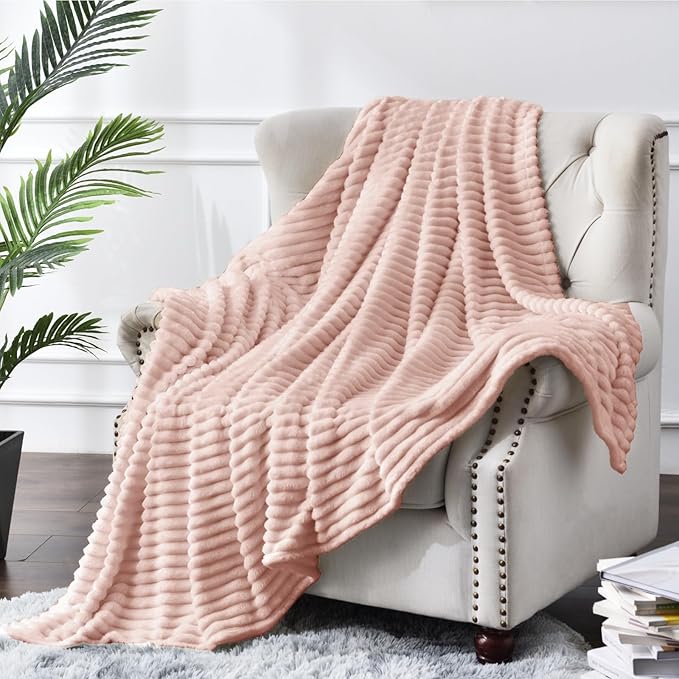 BEDELITE Fleece Blanket Twin Size – 3D Ribbed Jacquard Soft and Warm Decorative Fuzzy Blankets – Cozy, Fluffy, Plush Lightweight Throw Blankets for Couch, Bed, Sofa(Light Pink, 60x80 inches)