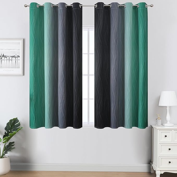 Estelar Textiler Black and Green Ombre Blackout Curtains 45 Inches Long, Full Room Darkening Gradient Drapes for Kitchen, Thermal Insulated Grommet Curtains for Short Window,52Wx45L,2 Panels