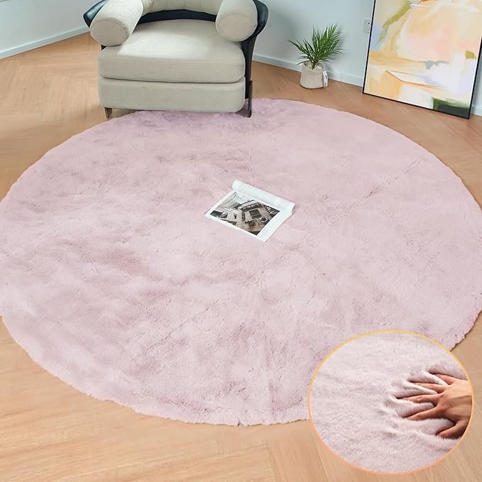 ORINOVA Pink Round Rug 5ft Washable Fluffy Faux Rabbit Fur Area Rugs for Living Room Shag Circle Nursery Rugs for Bedroom Cute Décor