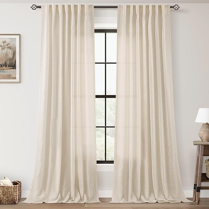 Apricot Linen Curtain 108 inch Length 2 Panels Set Back Tab Light Filtering Living Room Curtain Drapes Home Office Modern Minimalist Decor Farmhouse Boho Neutral Cream Semi Sheer Curtain 108 inch Long