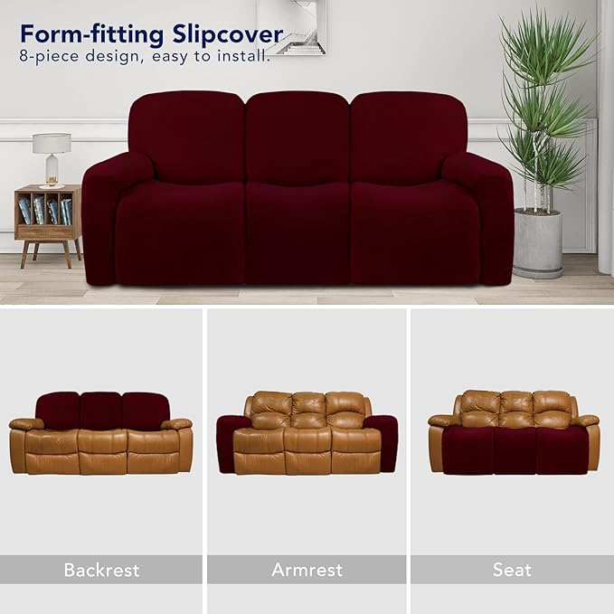 PureFit Super Stretch 3 Seats Recliner Chair Sofa Couch Cover with Pocket – Non Slip Soft Sofa Slipcover, Washable Spandex Reclining Furniture Protector for Kids, Pets (Recliner Sofa, Wine)