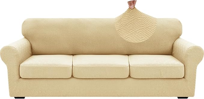 XINEAGE 2026 New 4 Pieces Extra Large Couch Covers for 3 Cushion Sofa Super Stretch Sofa Cover for 3 Large Seat Cushion Universal Fitted Slip Cover for Living Room (Beige), 91"-110"(3 Cushions)