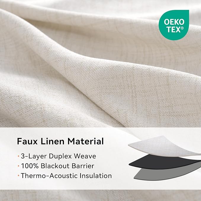 100% Blackout Linen Curtains 50" W x 84" L 2 Panels Set,Thermal Insulated Full Light Blackout Curtains for Bedroom/Living Room,Beige