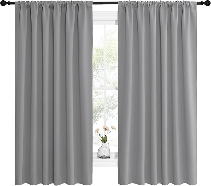 NICETOWN Short Curtains for Wide Window - Thermal Insulated Rod Pocket Blackout Drapes/Draperies for Dining Room (2 Panels, W62 x L63 inches, Silver Grey)