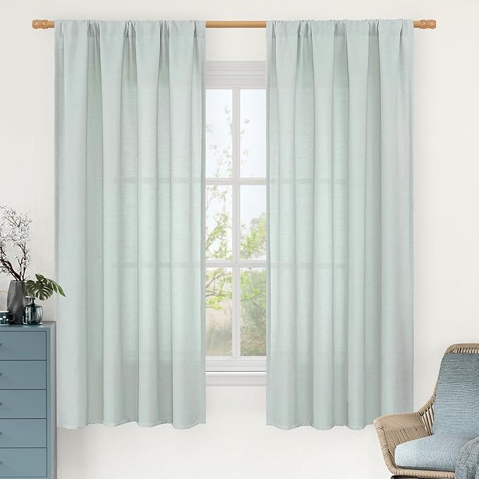 LAMIT Linen Curtains 63 Inch for Bedroom, Light Filtering Neutral Semi Sheer Window Treatment Farmhouse Curtains Rod Pocket Panels for Living Room/Dining Room, 2 Panels, 42 x 63 Inch, Light Blue