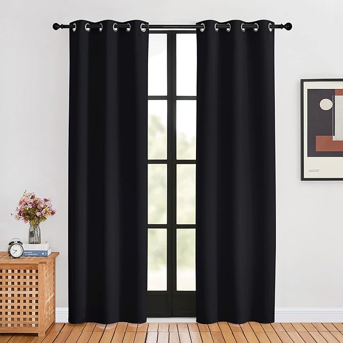 NICETOWN Living Room Curtains 80 inch Length 2 Panels Set, Black, W34, Blackout Thermal Insulated Window Treatment Solid Grommet Room Darkening for Bedroom/Home Office