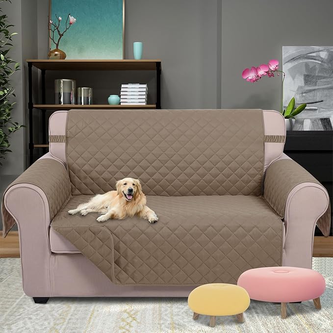 U-NICE HOME Loveseat Sofa Cover Reversible Couch Covers for 2 Cushion Couch for Dogs Furniture Protector Cover with Elastic Straps Water Resistant(Loveseat Small, Taupe/Taupe)