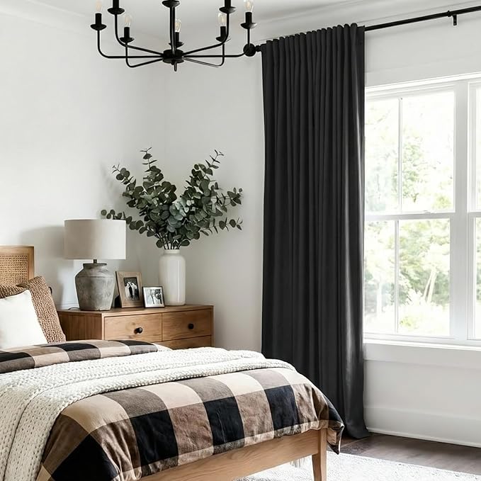 100% Blackout Shield Linen Blackout Curtains for Bedroom 84 Inches Long, Back Tab/Rod Pocket Living Room Drapes, Thermal Insulated Blackout Curtains 1 Panel Set, 100" W x 84" L, Black