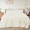 Exclusivo Mezcla Queen Size Flannel Fleece Blanket, Super Soft Striped Jacquard Bed Blanket, Lightweight Fuzzy Cozy for All Seasons, 90x90 Inches, Ivory