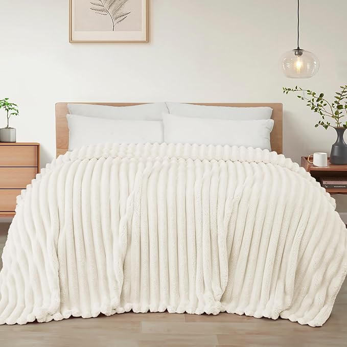 Exclusivo Mezcla King Size Flannel Fleece Blanket, Super Soft Striped Jacquard Bed Blanket, Lightweight Fuzzy Cozy for All Seasons, 90x104 Inches, Ivory
