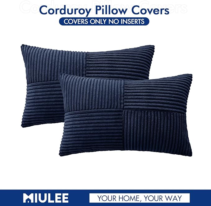 MIULEE Navy Blue Decorative Lumbar Throw Pillow Covers 12x20 Inch for Couch Bed Sofa Pack of 2 Boho Farmhouse Throw Pillows Soft Cross Corduroy Patchwork Textured Cushion Cases