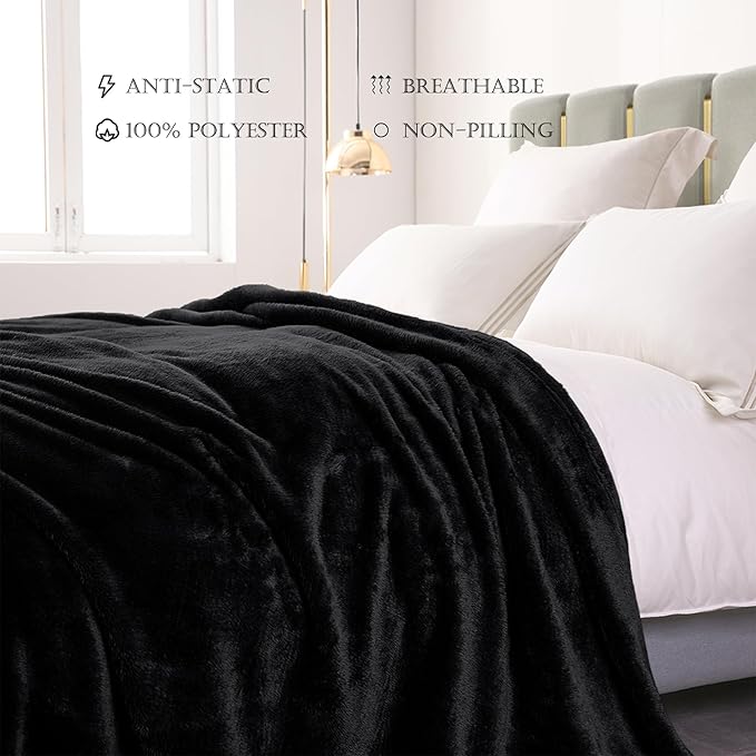 Exclusivo Mezcla Plush Fuzzy Fleece Bed Blanket Queen Size, Super Soft, Fluffy and Warm Blankets for Couch, Bed, All Season (Black, 90x90 inches)