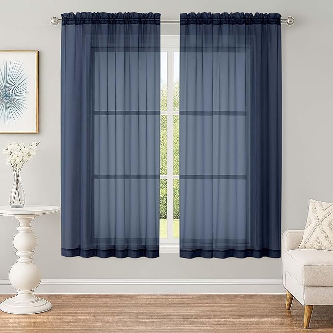 OWENIE Sheer Navy Blue Curtains, Sheer Curtains 63 inch Length 2 Panels Set, Rod Pocket Voile Fimly Sheer Drapes for Living Room Bedroom, 2pcs, Navy Blue, Each 59" W x 63" L