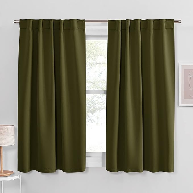 PONY DANCE Blackout Kitchen Curtains - Window Drapes Rod Pocket & Back Tab Energy Efficient Curtain Panels Xmas Home Decor for Kids' Room, 42-inch Wide by 45 Long, Olive Green, 2 PCs