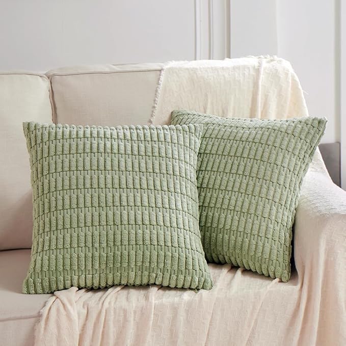 Fancy Homi 4 Packs Sage Green Decorative Throw Pillow Covers 24x24 Inch for Living Room Couch Bed Sofa, Rustic Farmhouse Boho Home Decor Soft Plush Striped Corduroy Square Cushion Case 60x60 cm