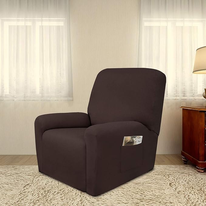 PureFit Super Stretch Chair Sofa Slipcover with Pocket – Spandex Non Slip Soft Couch Sofa Cover, Washable Furniture Protector with Elastic Bottom for Kids, Pets （Recliner, Chocolate）