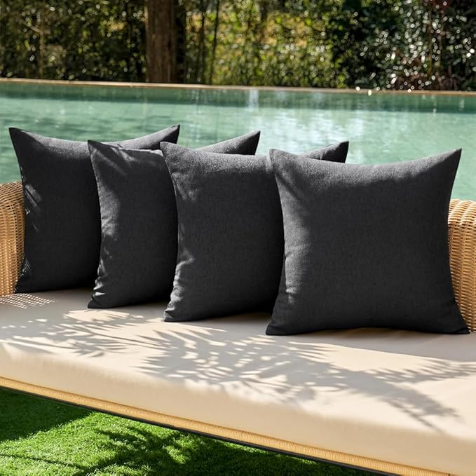 MIULEE Pack of 4 Decorative Outdoor Throw Pillow Covers Linen Waterproof Pillow Covers Farmhouse Cushion Cases for Patio Garden Tent Balcony Couch Sofa 16x16 inch Black