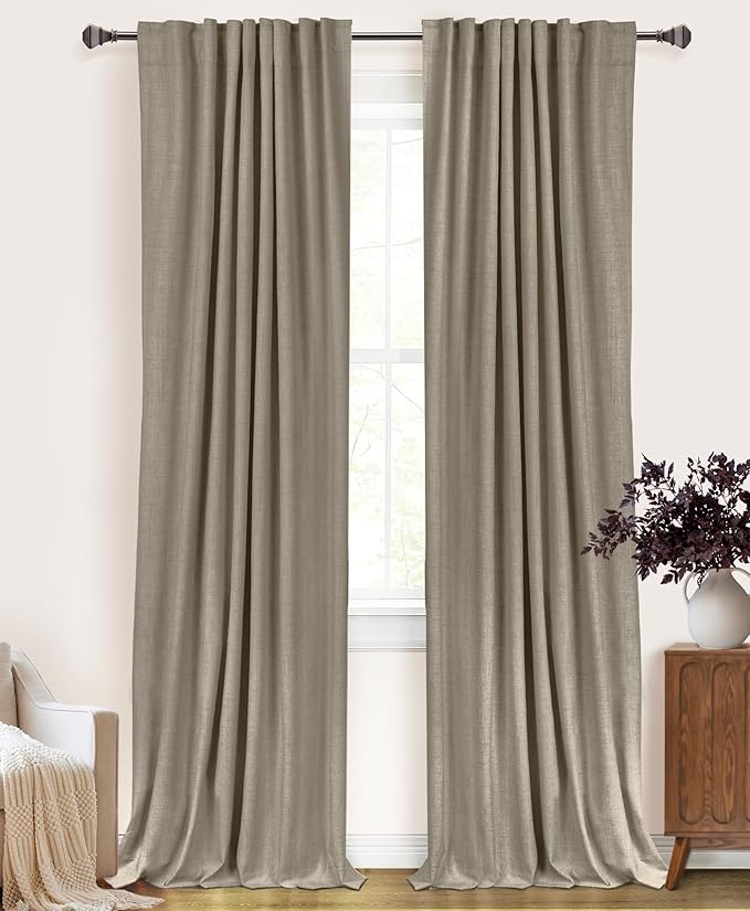 100% Blackout Shield Linen Blackout Curtains for Bedroom 96 Inches Long, Back Tab/Rod Pocket Living Room Drapes, Thermal Insulated Blackout Curtains 2 Panels Set, 50" W x 96" L, Faux Linen
