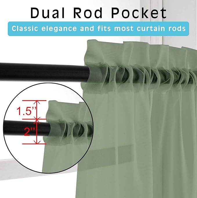 OWENIE Sage Green Sheer Curtains 36 Inches 2 Panels Set - Kitchen Tiers Valances Curtains Light Filter Rod Pocket Voile Cafe Curtains for Kitchen Bathroom Small Half Window, 42 in W x 36 in L