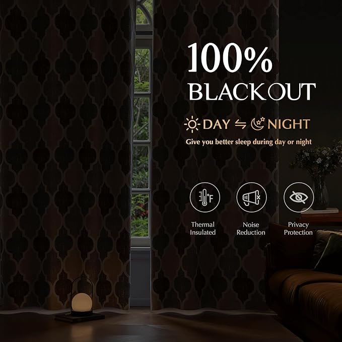 Beauoop 100% Blackout Curtains 63 Inches Long 2 Panels for Bedroom Living Room Brown Grey Moroccan Geo Room Darkening Thermal Insulated Soundproof Grommet Top Window Treatments Drapes, 50x63 Set of 2